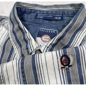 VTG 90s Coliseum Button Shirt Mens XL White Blue STRIPE Logo Long‎ Sleeve Retro